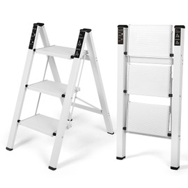 FAHKNS 3 Step Ladder, Aluminum Folding Step Stool with Anti-Slip Sturdy and Wide Pedal, Portable Space Saving Closet Step Stool for Home and Kitchen, Step Stools for Adults, White, 330Lbs