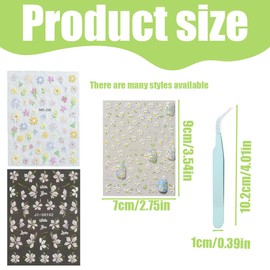 NHQZ 3 Blatt Nagelsticker Selbstklebend 5D Frühling Sommer Blumen Nagel Sticker nagelsticker kinder Zubehör DIY für Damen Mädchen Nagelkunst Dekoration,Mit grüner Pinzette