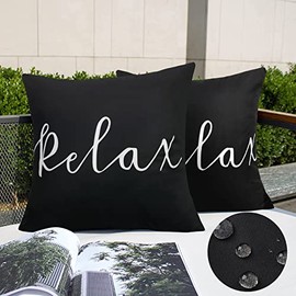 Merrycolor Set of 2 Black and White Outdoor Waterproof Pillow Covers 18x18 Relax Throw Pillow Covers Decorative Outdoor Pillows for Patio Furniture