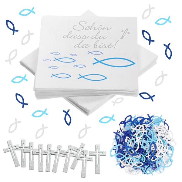 Pack of 117 Confirmation Decoration, 20 Blue Fish Napkins +