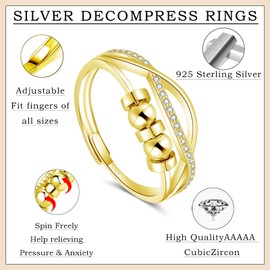 Josfeva Silver 925 Sterling Silver Anti-Stress-ring, Open Adjustable Anxiety Rings with Cubic Zirconia, 925 Anxiety Rings, Spinner Fidget Ring with Beads, Gold Decompression Ring for Anxious Women Men