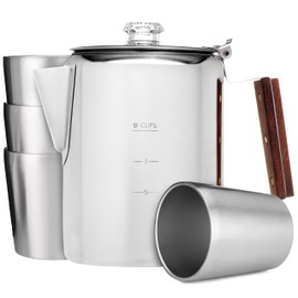 COLETTI Bozeman & Scouts Coffee Set — Percolator Coffee Pot Camping Coffee Maker & Double Wall Stainless Steel Cups — NO Aluminum or Plastic [9 Cup Percolator, 10 oz Cups]