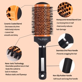 Round Brush for Blow Drying, Ceramic Ion Thermal Barrel Brush, 4 Different-Sized Round Hair Brush and Curved Vented Boar Bristle Brush, Round Brush Set for Straightening, Add Volume & Shine