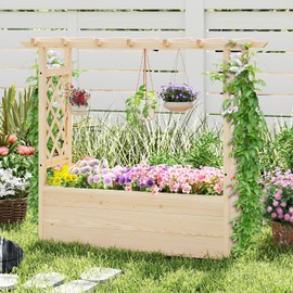 Giantex Raised Garden Bed with Sided Trellis & Hanging Roof, Wood Planter Box, Freestanding Garden Planter Raised Bed for Flowers Herbs Climbing Vines 45”x16”x41” (L x W x H)