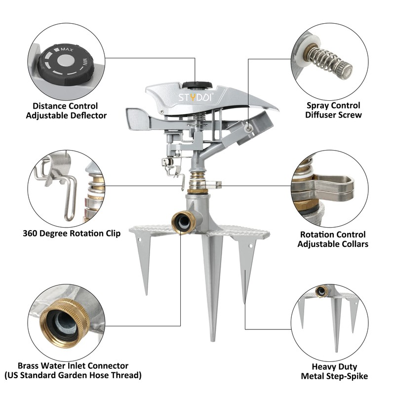 STYDDI Professional Heavy Duty Pulsating Sprinkler on Metal 3-Pronged Step