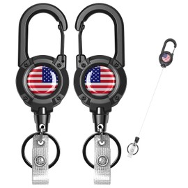 YueMiEcoUS Retractable Keychain Heavy Duty 27.5 inch Extended Steel Cord, Quick-Release Badge Holder,Carabiner Clip for Work, Outdoor (American Flag,Black 2)