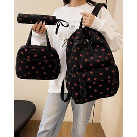 Makukke Kawaii Girls' School Backpack - Adorable Strawberry Corduroy 3-in-1 School Bookbag with Fleece Lunch Box & Pencil Case for Age 8-10