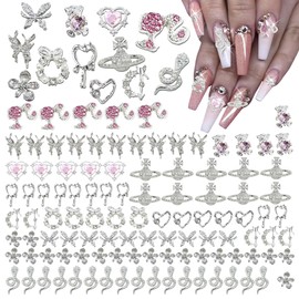 110PCS Silver Nail Charms,Y2K Nail Art Rhinestone Charms 3D Heart Bow Star with Rhinestones,Charms for Nails Design,Accessories Supplies(Silver Pink 4)