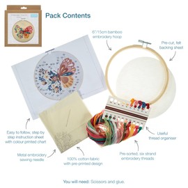 Trimits Embroidery Hoop Kits - 15cm 6” Beginner Starter Set, Includes Bamboo Hoop Threads Cloth Needle Backing & Instructions, Butterfly