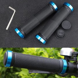 2Pcs Bike Handle Grips with Bike Handlebar Plugs and Wrench, Non-Slip Rubber Bicycle Grips for Foldable Mountain Bike Road Bike Tricycle BMX MTB Cycling Replacement Parts(Black and Blue)