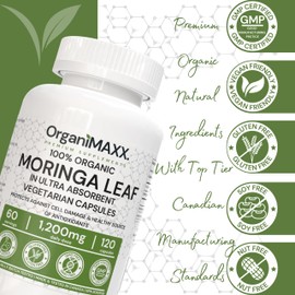 1200mg Organic Moringa Capsules 120 Count High Potency OrganiMAXX Moringa Leaf Capsules. Supports Gut Health, Liver Detox, Hormone Balance & Antioxidant Health. Non-GMO Premium Organic Encapsulated Moringa Powder, Vegan friendly, Free of Gluten, Soy & Da