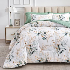 Joyreap 7 Piece Bed in a Bag California King, Green Leaves Print on White Botanical Design, Microfiber Floral Bedding Comforter Set for All Season