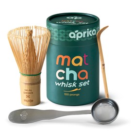 Aprika Life Matcha Bamboo Whisk Set 3 Pcs - Bamboo Whisk (Chasen) 100 Prongs, Scoop (Chashaku) & Stainless Steel Spoon - Handmade from 100% Natural Bamboo - Perfect for Japanese Matcha Green Tea