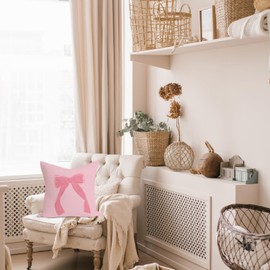 Rusenbao Coquette Pink Bow Throw Pillow Covers 18×18, Preppy Bed Decorative Pillows Covers, Coquette Room Dorm Decor Aesthetic, Decor for Couch Girl Bedroom College