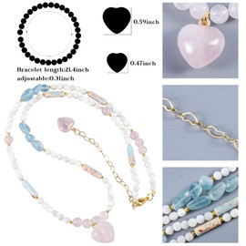 mookaitedecor Rose Quartz Heart Pendant Necklace Women Reiki Healing Pink Crystal Bead Necklace, Boho Layered Chakra Stone Bead Bracelet Colourful Jewellery Valentine Love Heart Gift for Her Mum Wife
