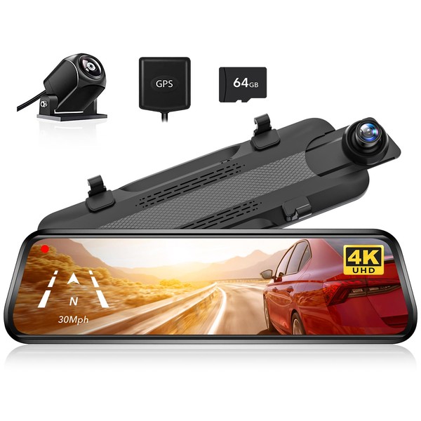 WOLFBOX G930 4K 10" Rear View Mirror Camera, Dash Cam Front and Rear for Car with 64GB Card, Touch Screen Smart Rear View Mirror Backup Camera, Parking Monitor, Reverse Assist, GPS, Support 256GB Max