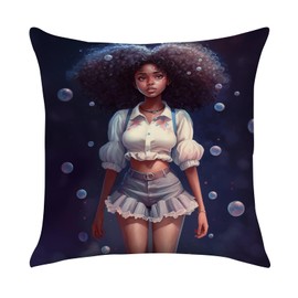 SARA NELL Black Girl Throw Pillow Covers Sweet African American Student with Bubble Pillow Case, Black Art Afro Girls Cushion Covers for Living Room Bedroom Sofa Couch Cushion Cover, 18x18 Inch