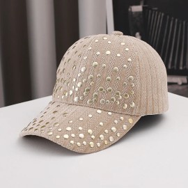 Full Diamond studded Women's Summer Hat Small Casual Rhinestone Natural Style 6 Panel Luxury Baseball Cap WholesaleSize: one size fits all, Color: khaki