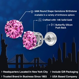 Gem Stone King 14K White Gold Pink Created Sapphire Stud Earrings | 2.00 Cttw | Round 6MM | Gold Earrings For Women Men