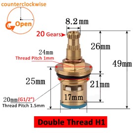 Faucet Ceramic Cartridge Valve, G1/2" Brass Tap Ceramic Disc Cartridges Replacement for Hot Cold Water (Type H1- H49mm)