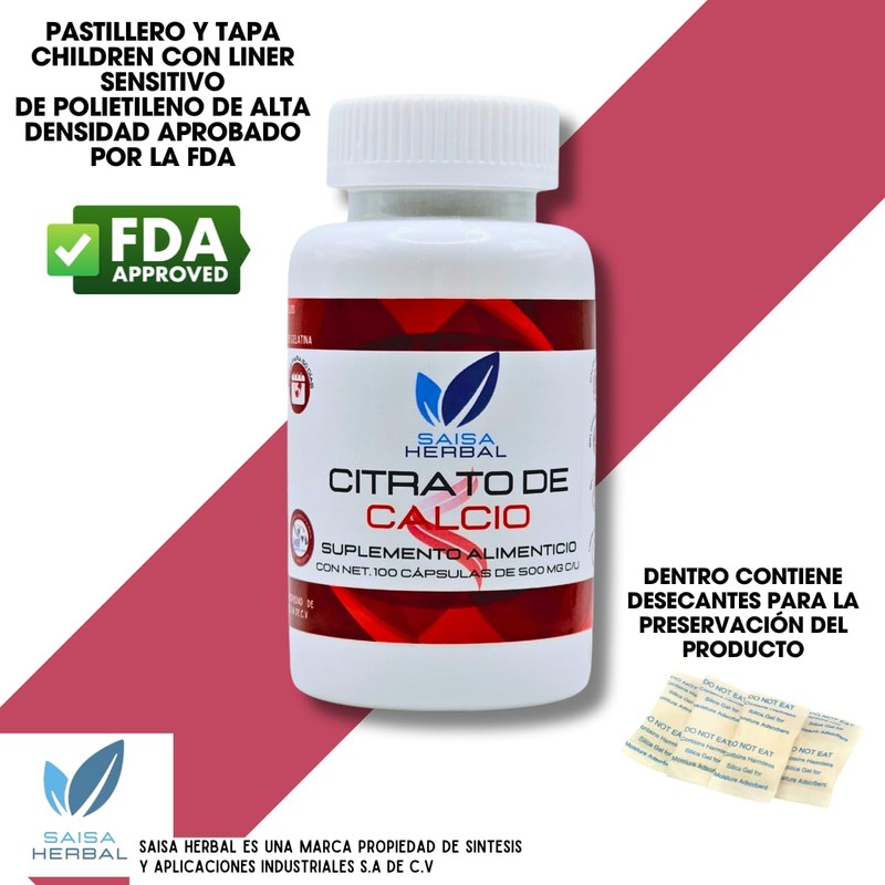 Citrato de Calcio USP 100% puro bolsa con 100 cápsulas.