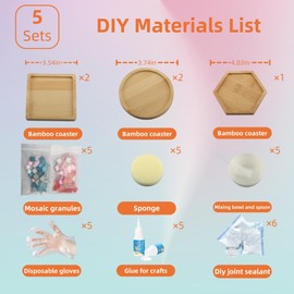EHR 5 Sets DIY Glass Mosaic Tile Coaster Craft Kit,Colorful Mosaic Set with Bamboo Coasters for Adults,DIY Crafts for Adults