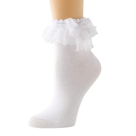 AMHRLINGTO Lace Ruffle Frilly Socks for Women - Lace Ankle Socks with Bow (White-1 Pairs)