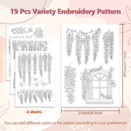 peacoblue Water Soluble Embroidery Patterns for Beginners 4 Sheets Wisteria Vines and Butterflies with 19pcs Patterns, Wash Away Stick and Stitch Dissolvable Embroidery Paper for Hand Sewing Lovers