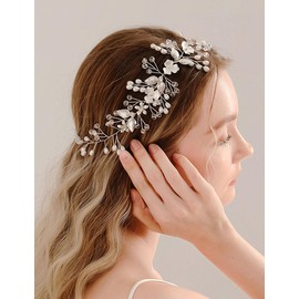 Lenjicons Vintage Flower Leaf Rhinestone Headband Silver Golden Flower Leaf Pearls Headpiece Handmade Crystal Beads Pearls Hairband Wedding Hair Accessories for Women (silver, free size)