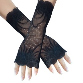 Tidyworm Women's Lace Gloves, Fingerless, UV Protection, Summer, Stylish, Floral Pattern, Thin, Short, Gloves, Sunscreen, UV Protection, Bicycle, Driving, Wedding, Brides, D Black