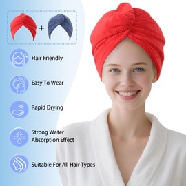 Paquete de 2 toallas envolventes de microfibra de una sola capa para secar el cabello para mujeres, turbantes de toalla para cabello mojado, toallas turbie Twist (color rojo + color azul