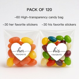 Heart His and Her Favorite Stickers (30+30) + 60 PCS Self Sealing Cookie Candy Treat Bags, Candy Bag Seals Bridal Shower Favor Treat Bags with Stickers