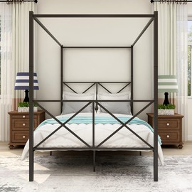 LUMISOL Metal Canopy Bed Frame Full, Four Posters Platform Bed Frame with X-Shaped Headboard and Footboard, No Box Spring Needed, Black