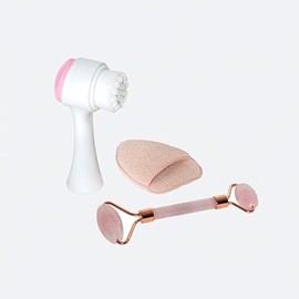 Set de Accesorios de Belleza Facial Republic Cosmetics – Rodillo de Cuarzo Rosa + Cepillo de Limpieza Facial + Esponja de Maquillaje | Kit de Skincare, Limpieza Profunda, Masaje Facial y Cuidado de la Piel para Mujer