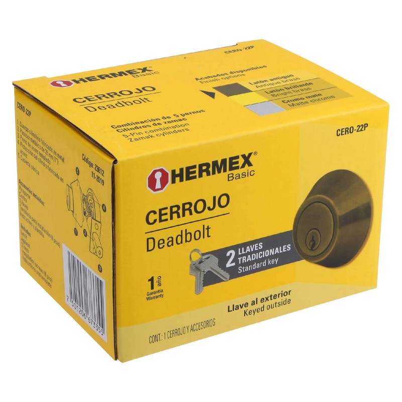 Hermex Basic CERO-22P, Cerrojo doble cilindro, latón antiguo