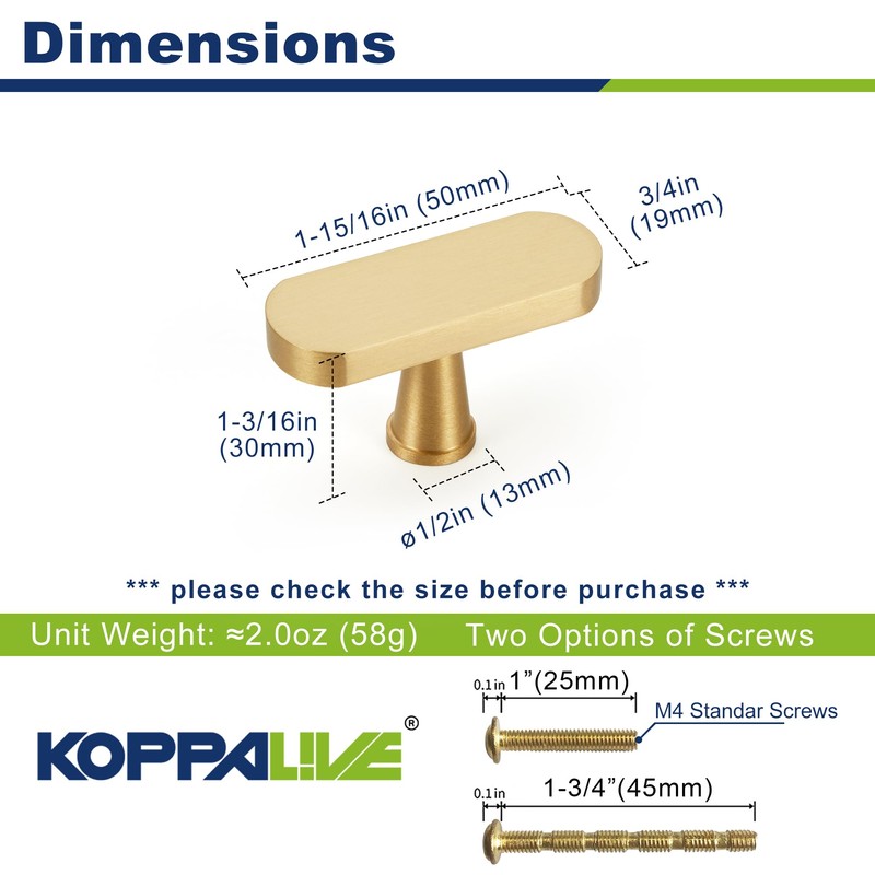 KOPPALIVE 6-Pack Solid Brass Cabinet Pulls, Gold Handles for Cabinets,