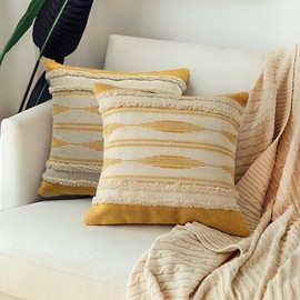 MOCOFO 45x45cm 2 Pieces Decorative Boho Pillowcase Tufted Tassel Pillow Case for Sofa Living Room Bedroom (Yellow)