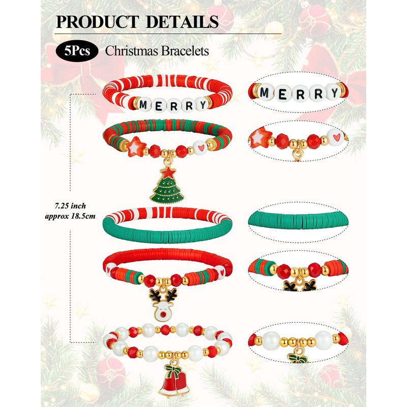 jollone 5 Pack Christmas Bracelets Women Clay Bead Bracelet Xmas