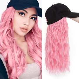TESS Extensions with Baseball Cap, 40 cm, Pink Cap with Hair, Women's Short Wavy, Adjustable, Theme Party, Carnival Hat Wigs for Women, Hat with Hair