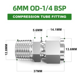 TAISHER 5 PCS 304 Stainless Steel Compression Tube Pipe Fitting Connector, 6mm Tube OD x 1/4" BSP Male Straight Adapter