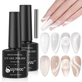 Supwee 9D Wide Cat Eye Gel Nail Polish 2 Colours Silver Champagne Magnetic Nail Polish Glitter Magnetic Gel Polish Soak Off UV Gel Cat Eye Effect with Magnetic Pen