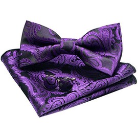 JEMYGINS Men's Paisley Pattern Bow Tie, Cuffs, Buttons, Handkerchief Set, Formal, Business, Weddings, Gift, Purple/Black