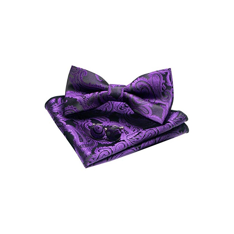 JEMYGINS Men's Paisley Pattern Bow Tie, Cuffs, Buttons, Handkerchief Set,