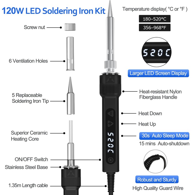 120W LED Soldering Iron Kit, 7s Fast Heating Adjustable Temp