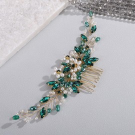 BERYUAN Elegant Pearls Rhinestone Hair Comb Rhinestone Crystal Pearls Bridal Hair Comb Rhinestone Pearls Wedding Headpiece Wedding Hair Accessories for Brides (peacock green)