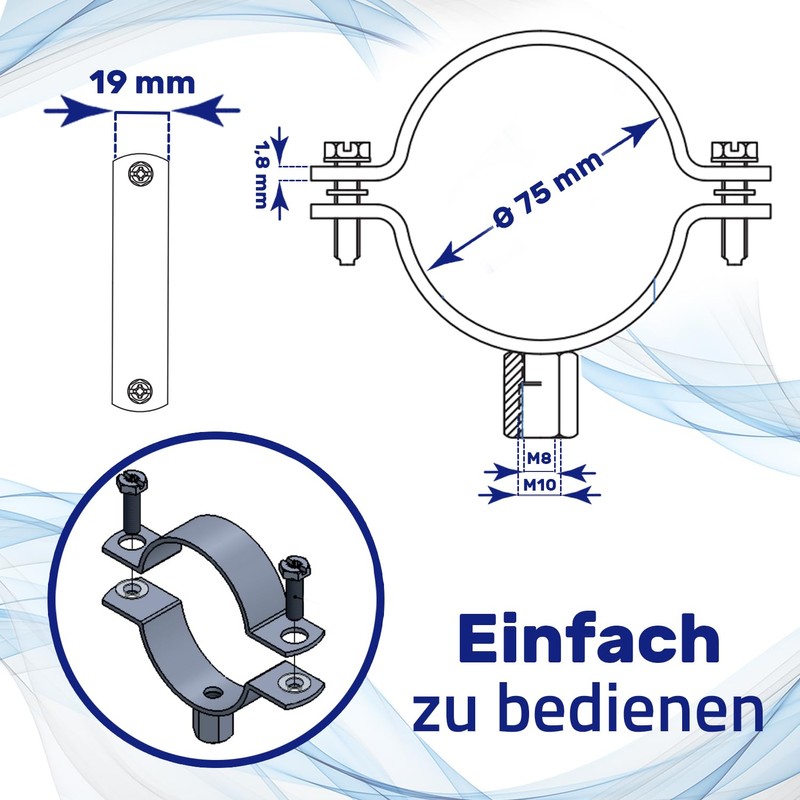Reinforced Pipe Clamps M8/M10 with Diameter 75 mm or 2