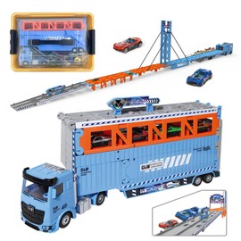 GLW 78 Inch Foldable GLWExtended Carrier Truck Race Track Playset with Portable Storage Box– 16 Die-Cast Cars, Multi-Functional Transform Truck Toys for Toddlers Ages 3-8