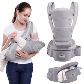 Lohofrnny Baby Carrier, Multifunctional Ergonomic Baby Carrier for 0-36 Months, All-in-One Child Carrier with Hip Seat, Adjustable Seat, Baby Carrier with 6 Carrying Positions for Infants (Grey)