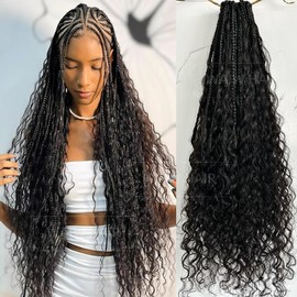 WAIW HAIR Crochet Boho Box Braids with Human Hair Curls Pre Looped Curly Crochet Hair Synthetic Braids Goddess Box Braids for Women Human Hair Natural Color 14inch 1 Pack 40 Strands