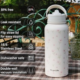 Botella de agua de acero inoxidable con aislamiento blanco de edición especial de 32 onzas, 2 tapas incluidas (con pajita + deportes), a prueba de fug